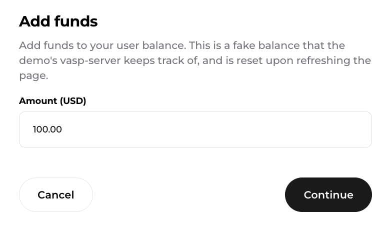 Screenshot of "add funds" UI