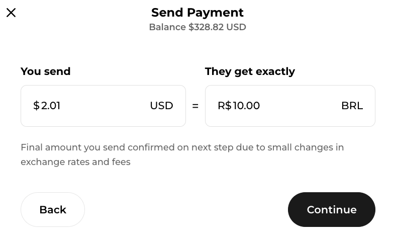 Screenshot of "send payment" UI
